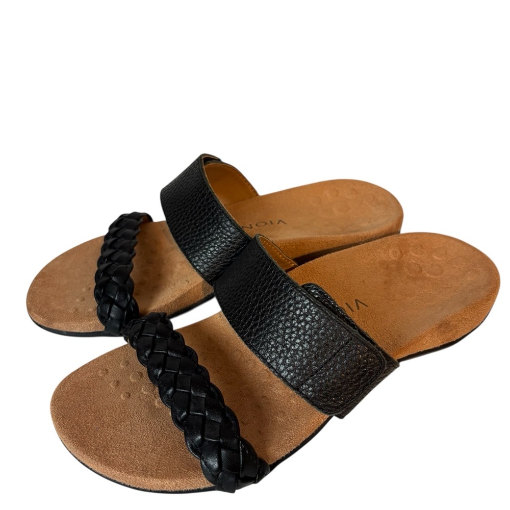 Vionic Black leather Jeanne Strap Slide Sandals Arch Support wide width Sz US 8
